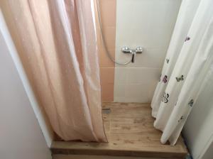 a bathroom with a shower curtain and a wooden floor at Studio apartman Vuković 4 zvjezdice in Bizovac