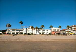 - un grand bâtiment blanc sur la plage avec des palmiers dans l'établissement Appartamentino Acquamarina, à Montesilvano