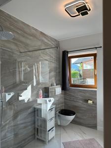 bagno con lavandino e servizi igienici di Apartment Deluxe Rosenheim Top 1 