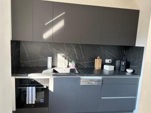 una cocina con armarios grises y fregadero en Apartment Deluxe Rosenheim Top 1, 