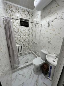 a bathroom with a shower and a toilet and a sink at Kerben House in Naryn