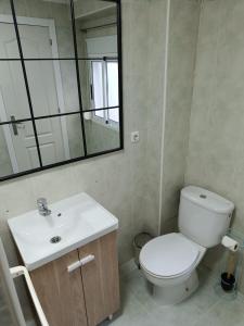 a bathroom with a toilet and a sink and a mirror at Holiday apartment in Puerto de Sagunto