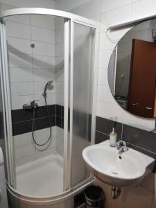 La salle de bains est pourvue d'une douche et d'un lavabo. dans l'établissement Apartment Josip Split, à Split