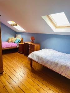 um quarto no sótão com 2 camas e uma clarabóia em Clonmines lodge em Wexford