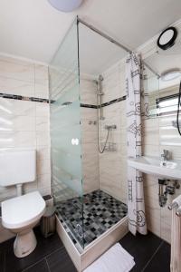 a bathroom with a shower and a toilet and a sink at Hotel Am Rathaus in Menden