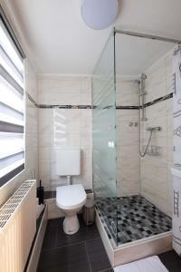 uma casa de banho com um WC e uma cabina de duche em vidro. em Hotel Am Rathaus em Menden