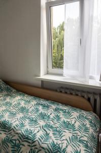 uma cama num quarto com uma janela em Mini Studio Vilnius Centre em Vilnius