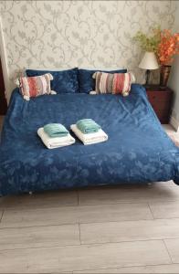 a blue bed with two pillows on it at Beautiful Double En-suite Room, separate entrance, Ilford, Central line Gants Hill, free parking in Ilford