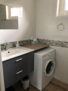 a bathroom with a washing machine and a sink at Gîte les cerfs in Bracieux