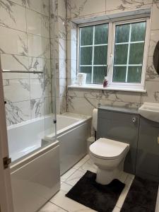 a bathroom with a toilet and a tub and a sink at Flat 1 Hobart Lodge in Hendon