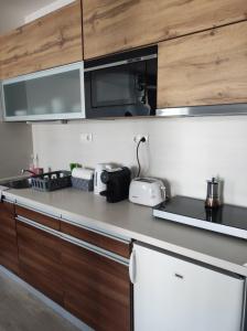 a kitchen with wooden cabinets and a counter top at Plage Brookforest Apartman in Hajdúszoboszló