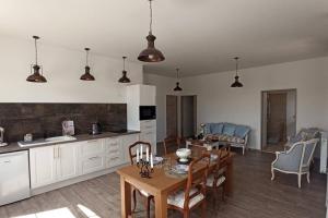 cocina y sala de estar con mesa y sillas en Gîte à la campagne -maison individuelle -Piscine en Semblançay