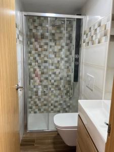 a bathroom with a shower with a toilet and a sink at Apartamento de un dormitorio con jardin in Gandía