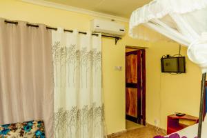 a bedroom with a white curtain and a tv at Kilimanjaro Summit Lodge in Moshi
