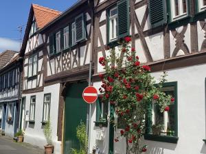 um edifício com uma porta verde com flores em Altstadtglück Seligenstadt em Seligenstadt