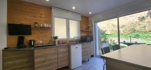 eine Küche mit Holzwänden und einem großen Fenster in der Unterkunft Le coin Nature in Amnéville