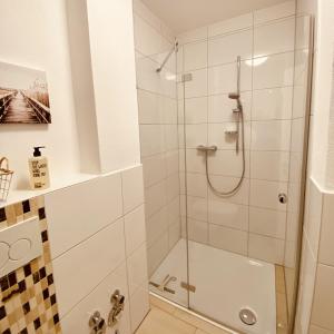 a bathroom with a shower with a glass door at Neues Glück Seligenstadt in Seligenstadt