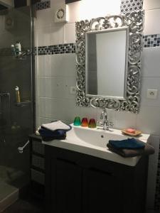 La salle de bains est pourvue d'un lavabo, d'un miroir et d'une douche. dans l'établissement B&B Chez Odile, à Mirabel