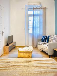 een woonkamer met een bank en een tv. bij Le Jean Macé, 200m gare, clim. in Grenoble