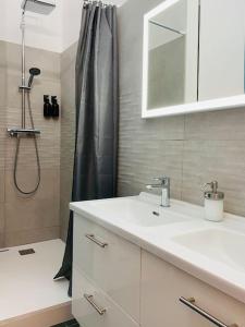 een badkamer met een wastafel en een douche met een douchegordijn bij Le Jean Macé, 200m gare, clim. in Grenoble