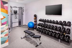 a gym with dumbbells and a flat screen tv at Hilton Garden Inn Washington DC Downtown in Washington, D.C.