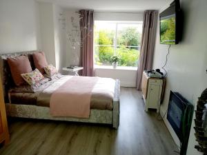 a bedroom with a bed and a window and a television at Luxurious Entire Studio in Axminster suitable for in Axminster