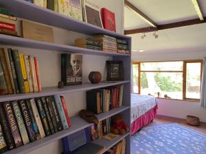 a book shelf filled with books next to a bed at Thathe Dam Lodge in Vhutandabos