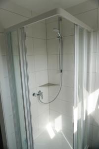 y baño con ducha y puerta de cristal. en Wohnen im alten Standesamt en Pasewalk