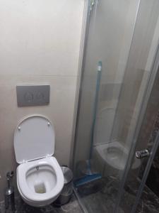 a small bathroom with a toilet and a shower at kusadası, davutlar mah. 1+1 mobilyalı site içinde yazlık daire in Kusadası
