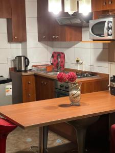 VR Suite Santiago في سانتياغو: مطبخ مع طاولة مع مزهرية بها زهور