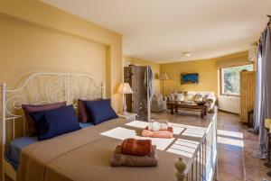 um quarto com uma cama e uma sala de estar em Villa Diona em Panormos