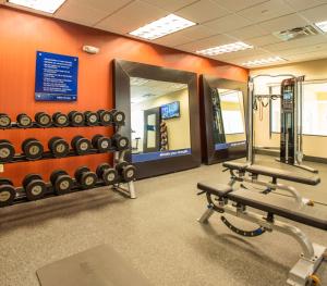 a gym with a row of dumbbells and a mirror at Hampton Inn & Suites Whitefish in Whitefish