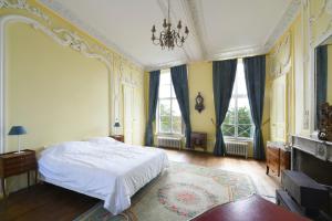 Schlafzimmer mit einem Bett und einem Kronleuchter in der Unterkunft Château de Bellignies 