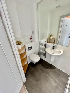 uma casa de banho com um lavatório, um WC e um espelho. em Apartment in central Windsor em Windsor