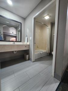 a bathroom with a large mirror and a sink at Scottish Inn and Suites Beaumont in Beaumont