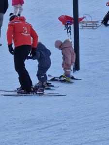 Un uomo e due bambini sugli sci nella neve di Hotel Dia Lin a Borşa