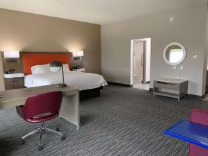 a hotel room with a bed and a desk with a desk at Hampton Inn Fort Stockton in Fort Stockton