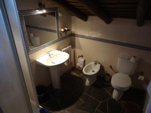 a bathroom with a sink and a toilet and a mirror at Casa Saramago in Monsaraz +24 photos