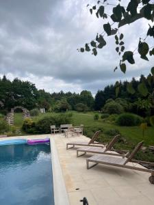 a swimming pool with chairs and a table next to it at DOMAINE DES CAPUCINS 