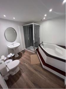 a bathroom with a tub and a toilet and a sink at DOMAINE DES CAPUCINS in Bussière-Saint-Georges