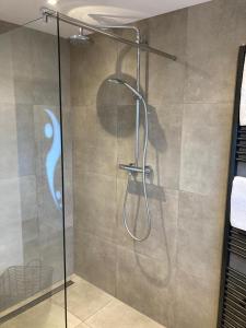 La salle de bains est pourvue d'une douche avec une porte en verre. dans l'établissement Wellness Ferienhaus, à Mechernich