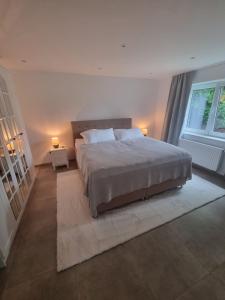 a bedroom with a large bed and a window at Wellness Ferienhaus in Mechernich