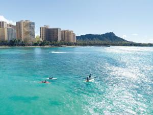 Embassy Suites by Hilton Waikiki Beach Walk في هونولولو: شخصان على ألواح ركوب الأمواج في المياه بالقرب من مدينة