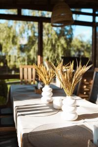 einen Tisch mit weißen Vasen mit Pflanzen darin in der Unterkunft Jolanta in Alūksne