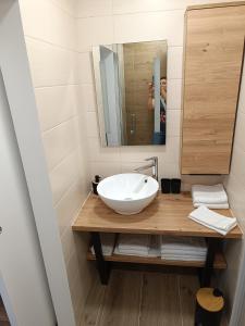 a bathroom with a sink and a mirror at Studio apartman Peti in Varaždin