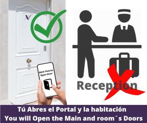 a sign with a man and a man holding a cell phone at AYZ Joaquín Pol - Auto check-in property in Madrid