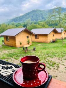 a cup of coffee sitting on a table with a house at CAMPING THOBIAS in Alunu