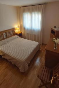 1 dormitorio con cama, escritorio y ventana en Jaca Artaso, en Jaca