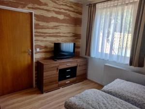 een kamer met 2 bedden en een televisie op een dressoir bij Ferienwohnung an der Murg in Baiersbronn