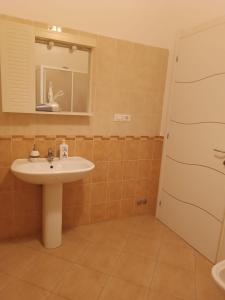 uma casa de banho com um lavatório e um espelho em La Casa sull'argine 2 em Sarzana